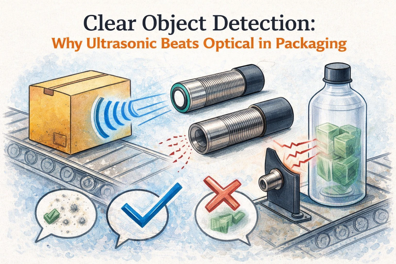 コンベア上の透明なペットボトルを検出する超音波センサー