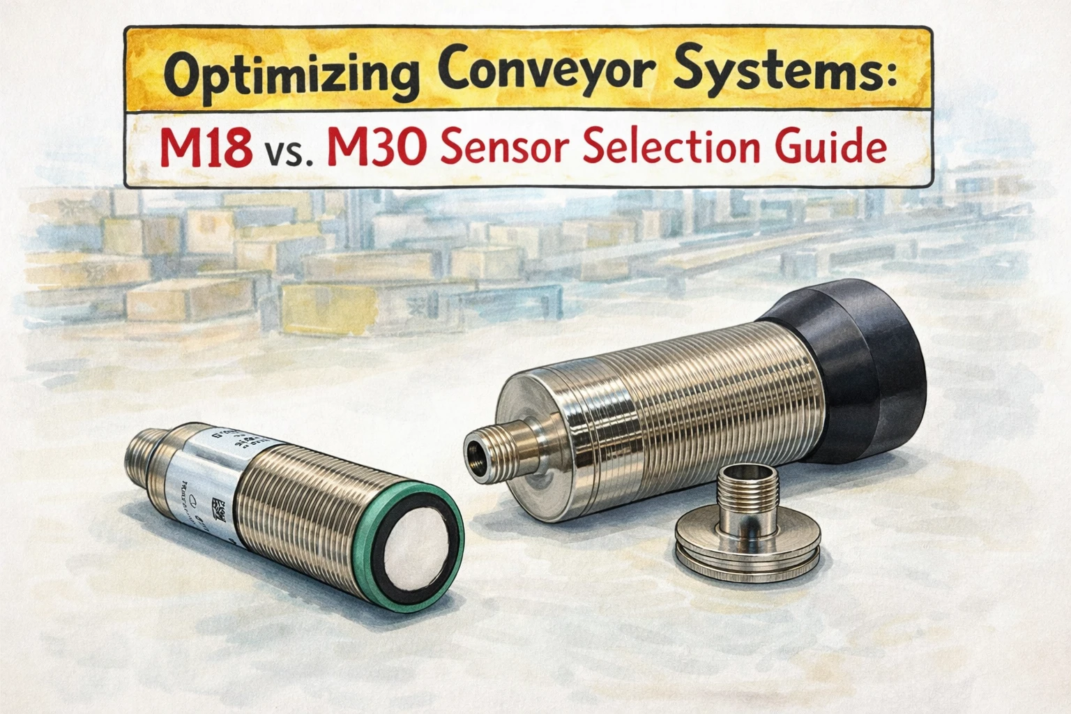 コンベアライン図における M18 と M30 超音波センサーの比較