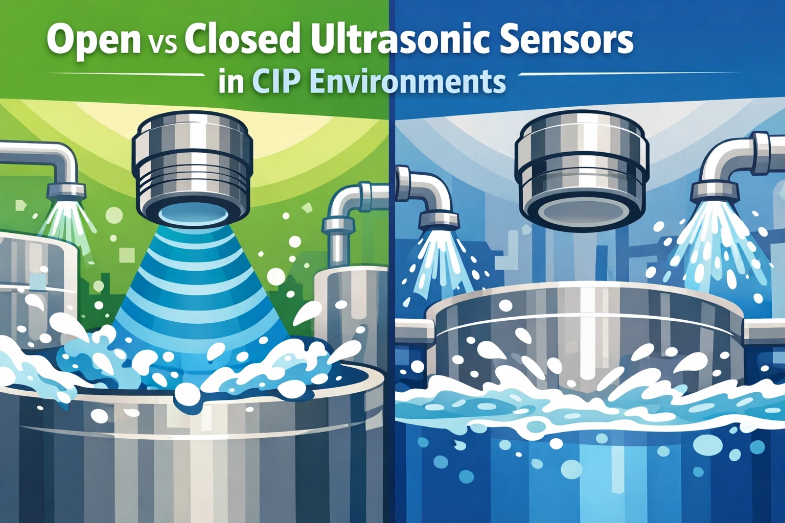 衛生的な処理ラインで高圧 CIP 洗浄を受ける工業用超音波センサー