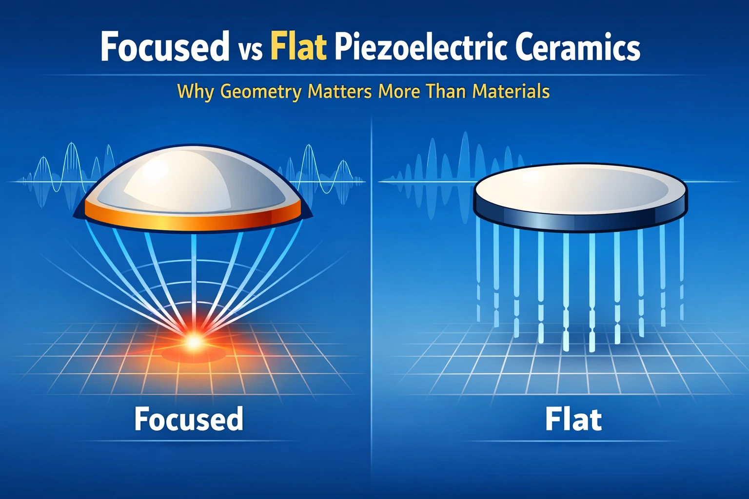 集束球面キャップと平坦な圧電セラミック素子の比較