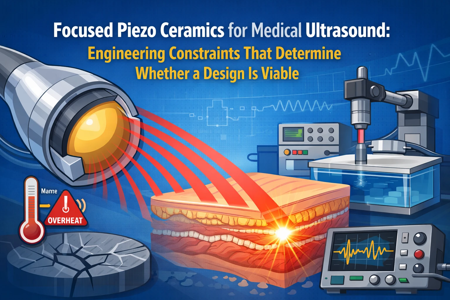 曲率半径、開口部、厚さのトレードオフを示す、医療用超音波用集束圧電セラミックスの工学図