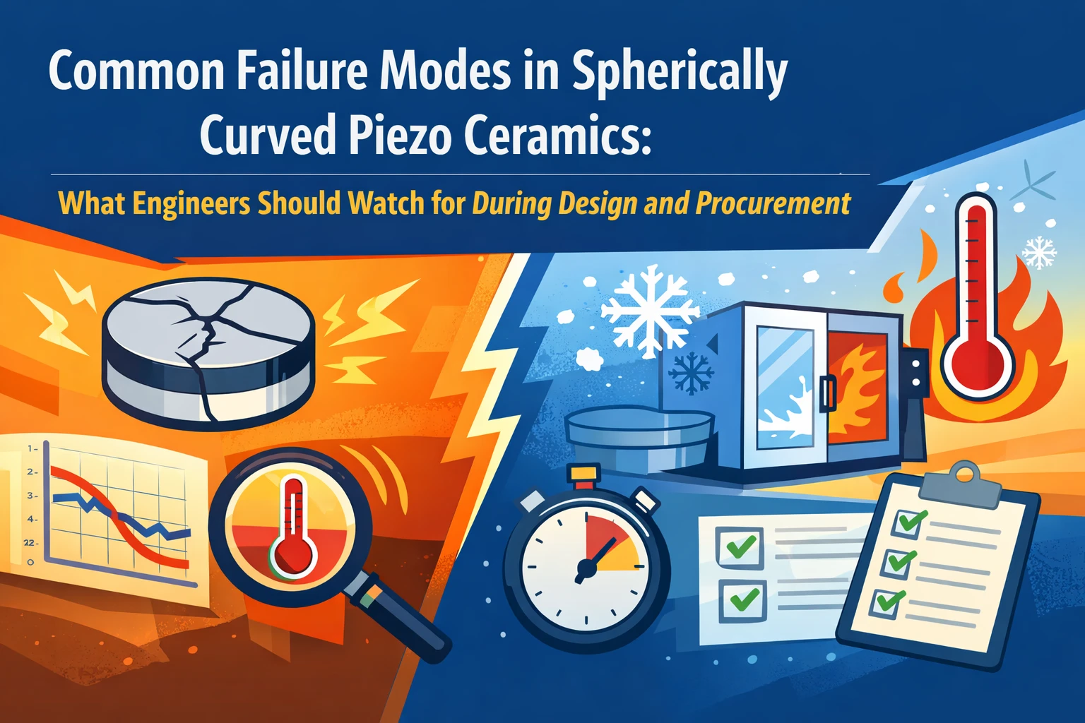 クラック、デポーリング、熱ドリフト、調達リスクのチェックポイントを示す球面湾曲ピエゾセラミックの信頼性解析