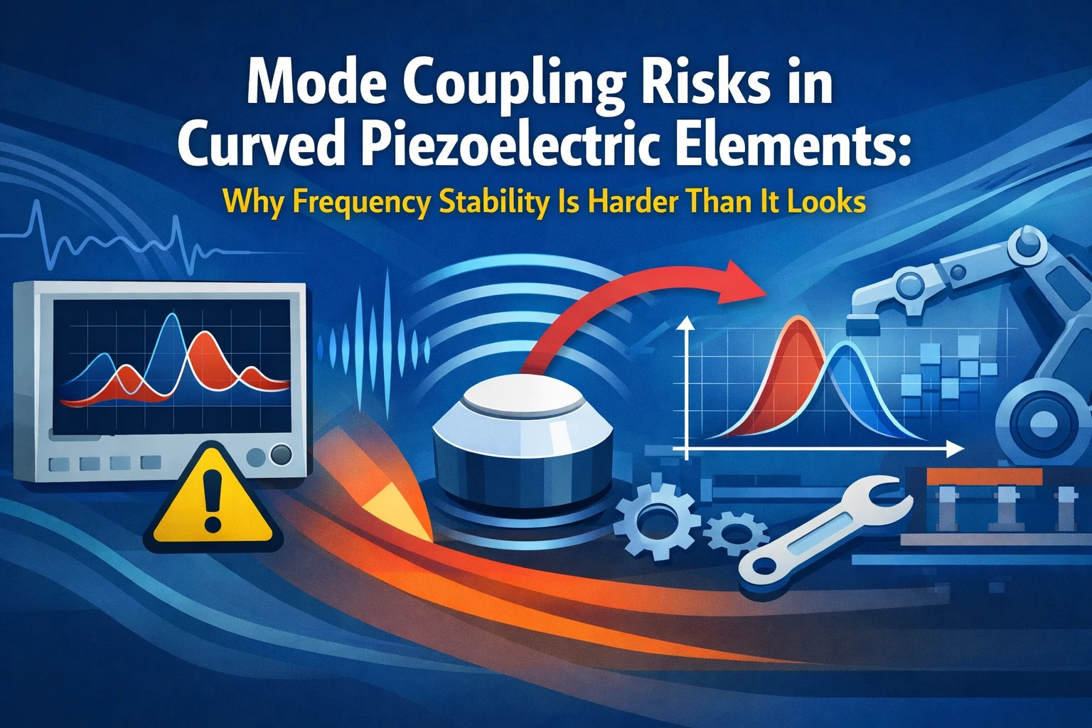 共振安定性とトランスデューサ調整に対するモード結合の影響を示す曲線状の圧電素子モード相互作用マップ