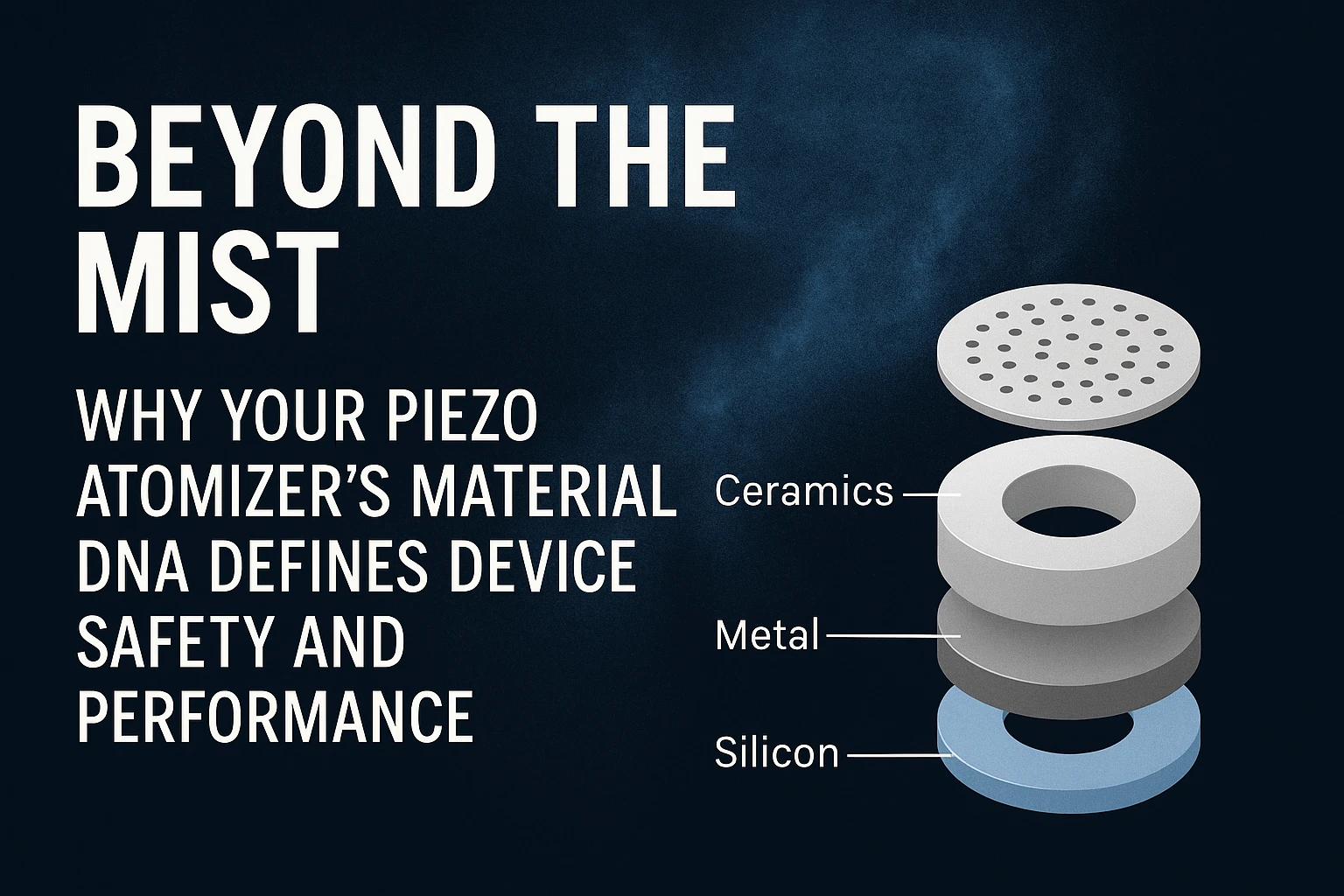 セラミックス、金属メッシュ、シリコン層を示すピエゾアトマイザーの材料構成要素 | Yujie Technology