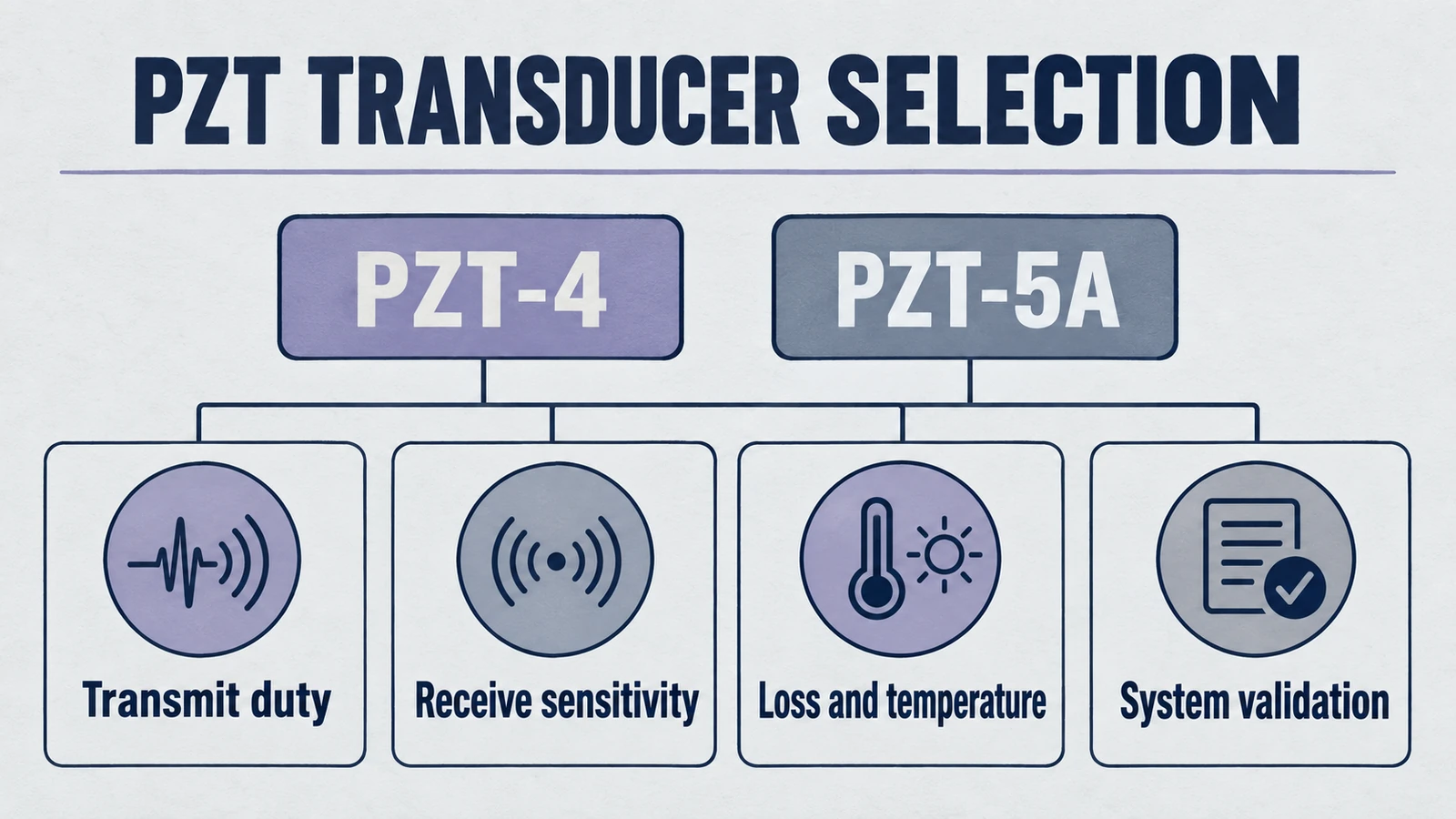 記事の要点をまとめた図解:超音波トランスデューサ設計における PZT-4 と PZT-5A: 送信出力と受信感度の設計分岐